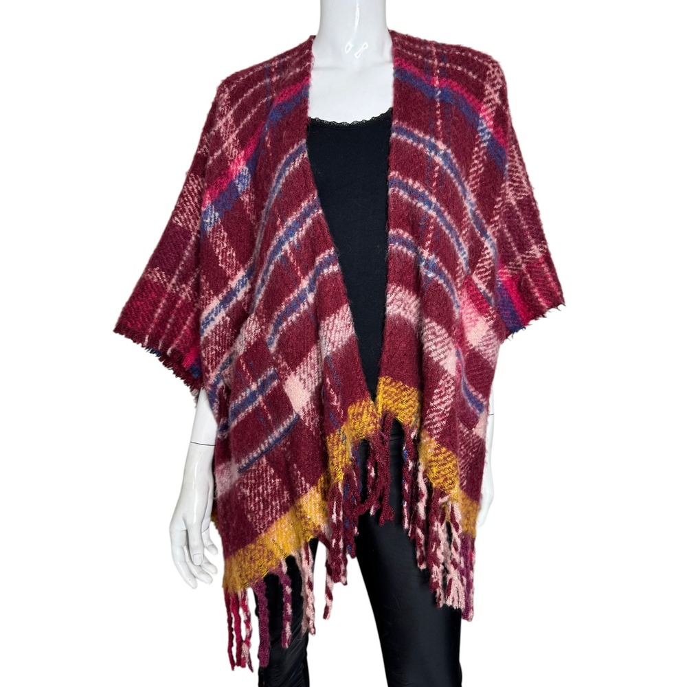 Jenni Womens Oversized Plaid Poncho Wrap Burgundy Pink Fringe Trim One Size